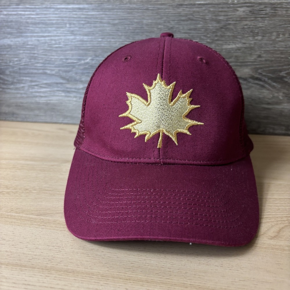 Maple Leaf Hat Cap Snap Back Womens Maroon Gold Mesh Trucker Embroidered